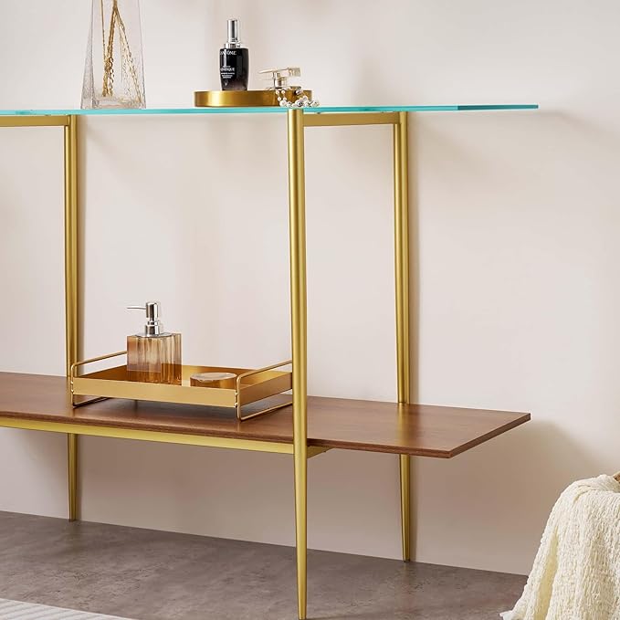 Extra Large Glass Console Table for Living Room, Foyer & Entrance, L47 x W16 x H31, Mid-Century Modern Sofa Table with Clear Glass Top, Walnut Finish Wood Top and Gold Finish Metal Frame