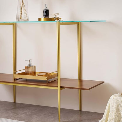 Extra Large Glass Console Table for Living Room, Foyer & Entrance, L47 x W16 x H31, Mid-Century Modern Sofa Table with Clear Glass Top, Walnut Finish Wood Top and Gold Finish Metal Frame