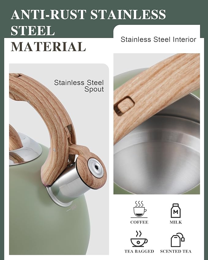 Tea Kettle Stovetop, 2.7 Quart Stove Top Whistling Tea Kettle, Teapot Kettles with Food Grade Stainless Steel and Wood Pattern Handle, Suitable for All Heat Sources