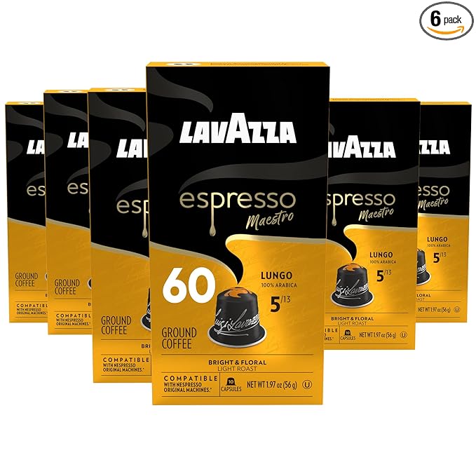 Lavazza Espresso Maestro Lungo Aluminum Capsules Compatible with Nespresso* Original Machines, Light Espresso Roast, 100% Arabica (60 Capsules)