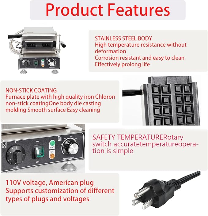 Commercial Vertical Stuffler Waffle Maker, Non-Stick Vertical Design Pouring Waffle Baker Machine With 122-572℉ Temp Range and Time Control, Teflon-Coated Baking Pan Stainless Steel Body 110V