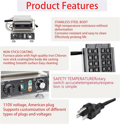 Commercial Vertical Stuffler Waffle Maker, Non-Stick Vertical Design Pouring Waffle Baker Machine With 122-572℉ Temp Range and Time Control, Teflon-Coated Baking Pan Stainless Steel Body 110V