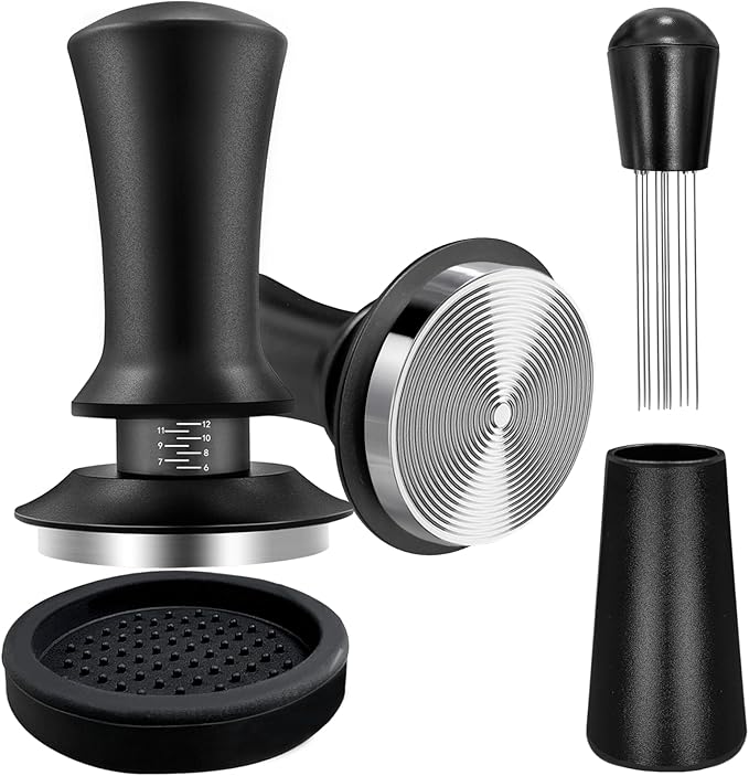 Coffee Espresso Tamper 51mm with WDT Tool Calibrated Spring Loaded, Coffee Tamper with Silicone Tamper Mat,Black Espresso Distribution Tool,Stainless Steel Base Tamper for Espresso Coffee Machine