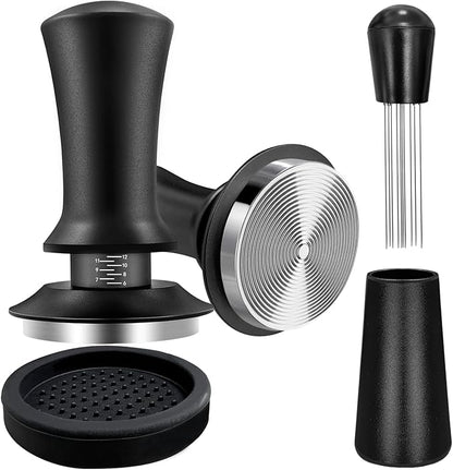 Coffee Espresso Tamper 51mm with WDT Tool Calibrated Spring Loaded, Coffee Tamper with Silicone Tamper Mat,Black Espresso Distribution Tool,Stainless Steel Base Tamper for Espresso Coffee Machine