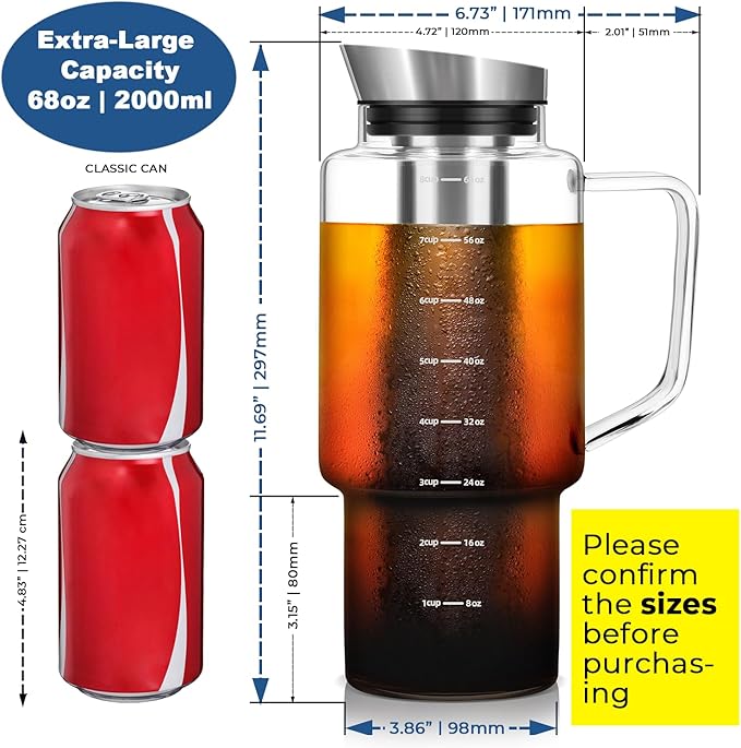 Aquach 68oz Cold Brew Coffee Tea Maker, Glass Pitcher & Stainless Steel Filter, Dishwasher Safe Iced Coffee Tea Maker with Airtight Lid and Large Handle