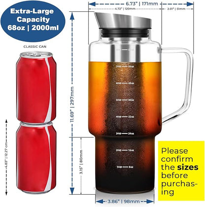 Aquach 68oz Cold Brew Coffee Tea Maker, Glass Pitcher & Stainless Steel Filter, Dishwasher Safe Iced Coffee Tea Maker with Airtight Lid and Large Handle