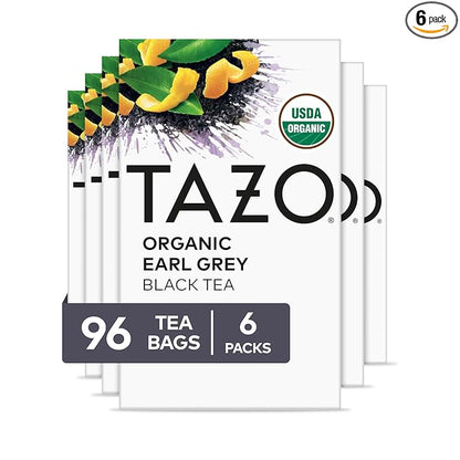TAZO Organic Earl Grey for Health and Wellness, High Caffeine and Bold Flavor, 16 Count (Pack of 6)