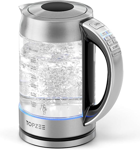 TOPZEE 1.7L Glass Electric Kettle for Coffee & Tea, Hot Water Boiler with 6 Preset Temperatures, Keep Warm and Memory Function, Auto Shut-off & Dry Boil Protection, BPA Free, Rapid Boil, 1500W, Silver