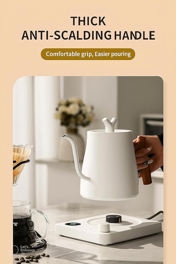[UPGRADED] Gooseneck Electric Kettle, 1L Stainless Steel, Wooden Handle Electric Kettle, Auto Shut-Off,Precise Temperature Control for Pour Over,Hot water, Coffee & Tea| US Versioin| White