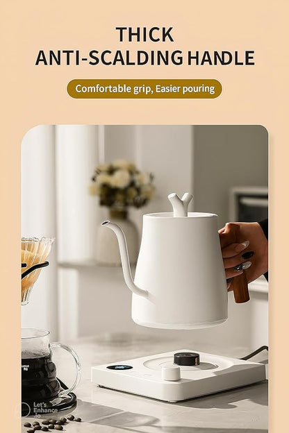 [UPGRADED] Gooseneck Electric Kettle, 1L Stainless Steel, Wooden Handle Electric Kettle, Auto Shut-Off,Precise Temperature Control for Pour Over,Hot water, Coffee & Tea| US Versioin| White