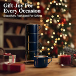 Load image into Gallery viewer, 10 Ounce Blue Porcelain Stackable Cappuccino Cups with Stainless Steel Holder, Set of 4, Durable Ceramic, Perfect for Home, Office or Gift