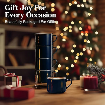 10 Ounce Blue Porcelain Stackable Cappuccino Cups with Stainless Steel Holder, Set of 4, Durable Ceramic, Perfect for Home, Office or Gift