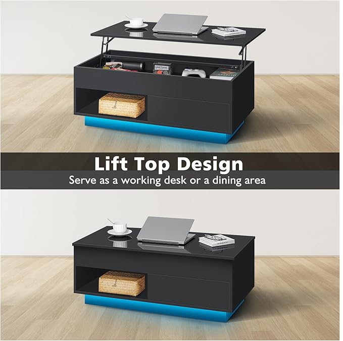 HOMMPA 40" Lift Top Coffee Table with Storage LED Coffee Table Morden High Gloss Living Room 3 Tiers Modern Tea Table with Storage Center Tables Hidden Compartment & Open Shelve & Drawer Black