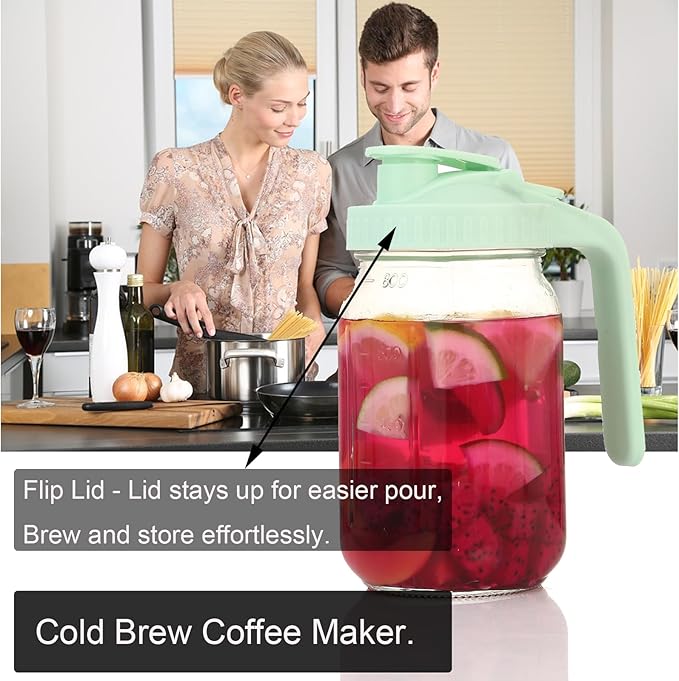Fermus Cold Brew Coffee Maker, 32oz / 1Quart Glass Pitcher with Stainless Steel Filter and Pour Spout Handle Lid, Mason Jar for Making Cold Coffee, Fruit Drinks, Sun Tea (1, 32 Ounces)