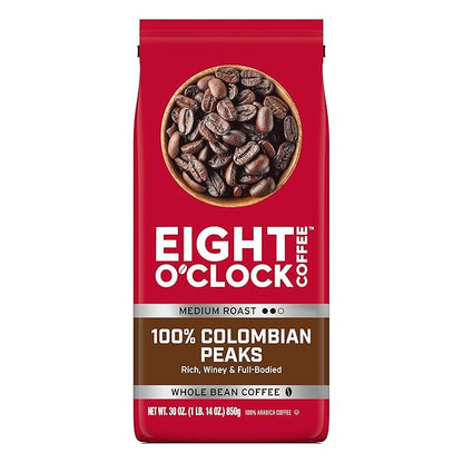 Eight O'Clock Coffee 100% Colombian Peaks Whole Bean Coffee, Medium Roast, 30 Ounce (Pack of 1) - Rich, Winey & Full Bodied
