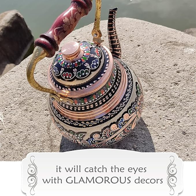 Vintage Copper Turkish TeaPot Tea Kettle Pot for Stovetop Stove Top Infuser Decorative Fancy Arabic Moroccan Party Serving Kitchen Antique Handmade Women Floral Unique Style Gooseneck Gift Decor