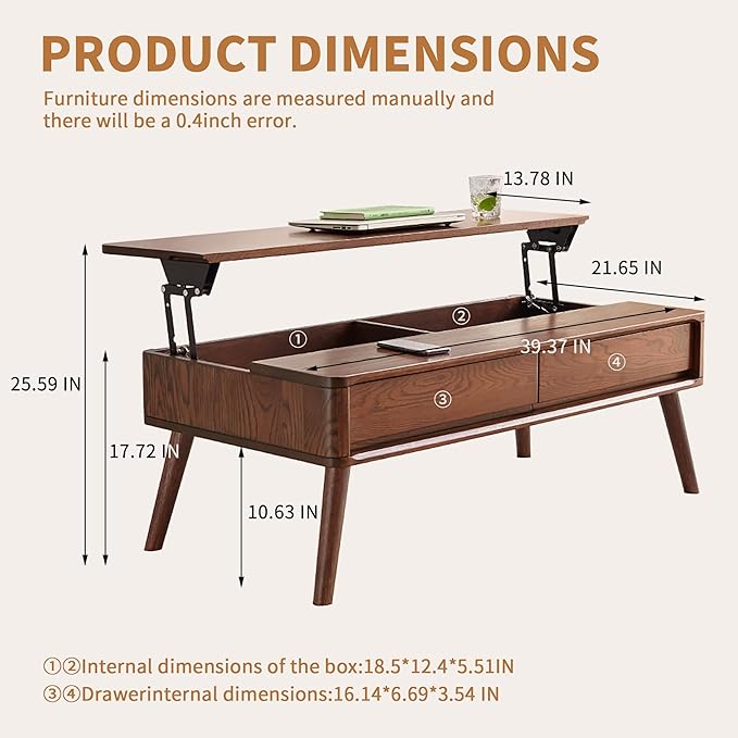 Wood Lift Top Coffee Table, 100% Solid Oak Wood Small Rising Dining Center Tables with Storage Shelf and Hidden Compartment for Living Room 40D x 22W x 26H