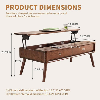 Wood Lift Top Coffee Table, 100% Solid Oak Wood Small Rising Dining Center Tables with Storage Shelf and Hidden Compartment for Living Room 40D x 22W x 26H