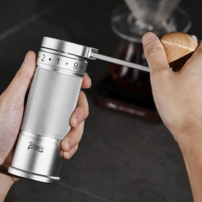 Bincoo Manual Coffee Grinder with Foldable Handle– External Setting Hand Coffee Grinder with Steel Burr,Compact and Portable for Home/Travel/Camping(Sliver)