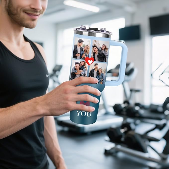 Personalized 40 oz Tumbler with Handle and Straw, Custom Tumbler with Picture, Text, Stainless Steel Travel Coffee Mug Cup, Personalized Gifts For Women Men Birthday Anniversary Wedding Gifts