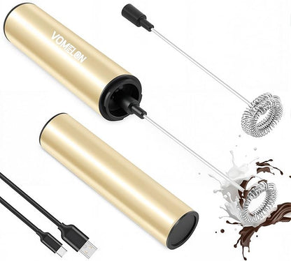 Rechargeable Milk Frother Handheld Electric Frother Wand Milk Foamer Drink Mixer for Coffee, Lattes, Cappuccino, and Egg, Stainless Steel for Travel-Beige