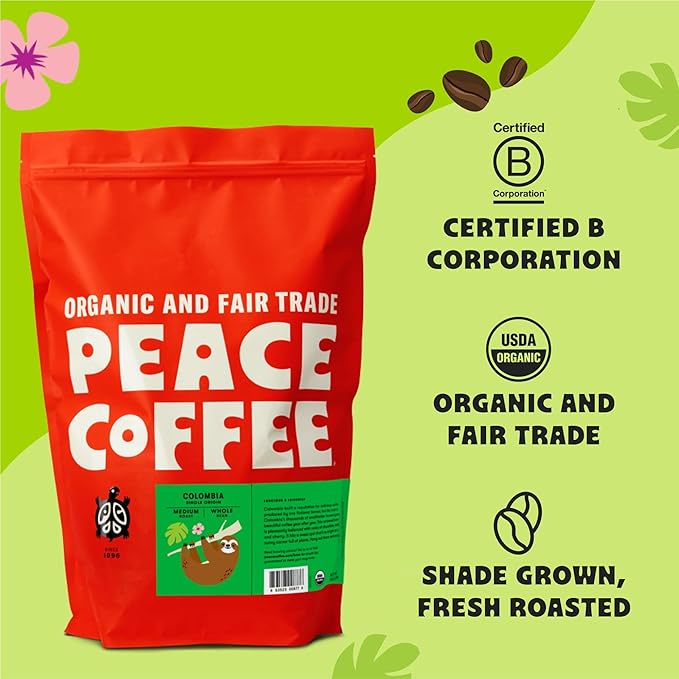 Peace Coffee Colombia Single Origin Coffee | 5 lb Whole Bean Medium Roast | Organic Fair Trade | Smooth, Crisp Flavor | Shade Grown, Fresh Roasted