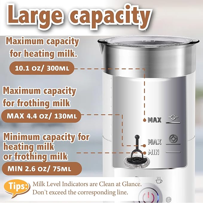 Huogary Electric Milk Frother and Steamer - 4 In 1 Automatic Milk Steamer, 300ml/10.1oz Hot& Cold Foam Maker and Milk Warmer For Latte, Cappuccinos, Macchiato, White