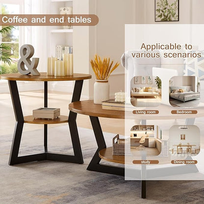 Round Wood Coffee Table for Living Room, 2-Tier Rustic Circle Table with Storage, Solid Natural Top with Metal Legs, Radial Pattern 35'x 17'