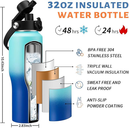 32oz Insulated Water Bottle with Straw - Keep Cold 48h or Hot 24h, Vacuum Stainless Steel Tumbler Metal Flask w/Survival Paracord Handle & Carrier Bag, T-shape Coffee Cup Fit Car Cup Holder