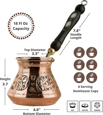 BCS 18 Oz X-Large Copper Turkish Greek Arabic Coffee Pot with Wooden Handle (6 servings) Cezve Ibrik Briki Stovetop Coffee Maker (Includes Wooden Spoon)