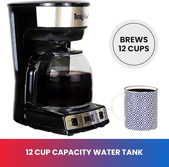 Total Chef Drip Coffee Maker – 12 Cup Programmable Cafe Machine With Glass Pot, Regular & Bold Brew, Autoshut Off Large Water Reservoir, Reusable Filter, Kitchen Appliances For Cafeteria Barista