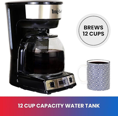 Total Chef Drip Coffee Maker – 12 Cup Programmable Cafe Machine With Glass Pot, Regular & Bold Brew, Autoshut Off Large Water Reservoir, Reusable Filter, Kitchen Appliances For Cafeteria Barista
