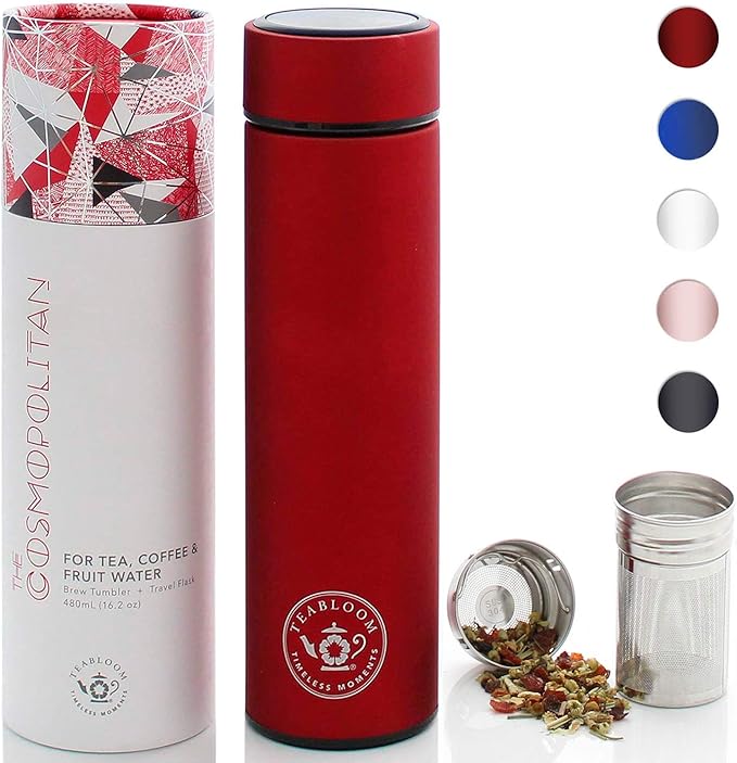 Teabloom ORIGINAL All-Purpose Beverage Tumbler - 16 oz - 480 ml - Brushed Metal Insulated Water Bottle/Tea Flask/Cold Brew Coffee Mug - Extra-Fine Two-Way Infuser Travel Bottle - Ruby Red
