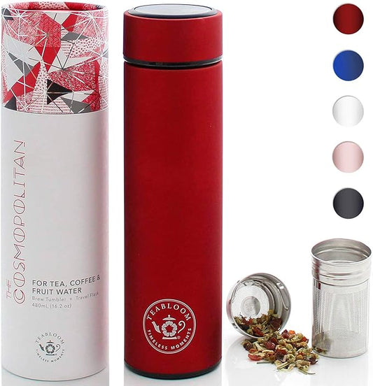 Teabloom ORIGINAL All-Purpose Beverage Tumbler - 16 oz - 480 ml - Brushed Metal Insulated Water Bottle/Tea Flask/Cold Brew Coffee Mug - Extra-Fine Two-Way Infuser Travel Bottle - Ruby Red