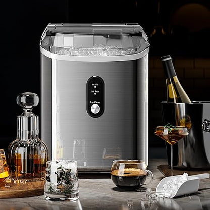 Kismile Nugget Ice Makers Countertop, Portable Sonic Ice Machine with Self-Cleaning/One-Click Operation for Home/Office(Silver)