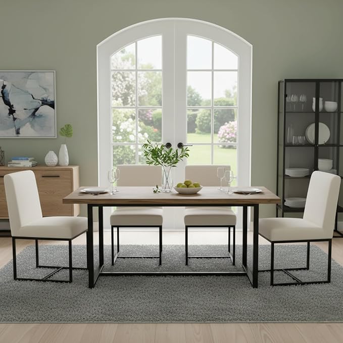 CIMOTA Modern Linen Dining Chair Set of 4, Mid Century Dining Room Chairs Fabric Upholstered Armless Side Chair with Black Sled Base for Dining Room, White Cream 4PCS