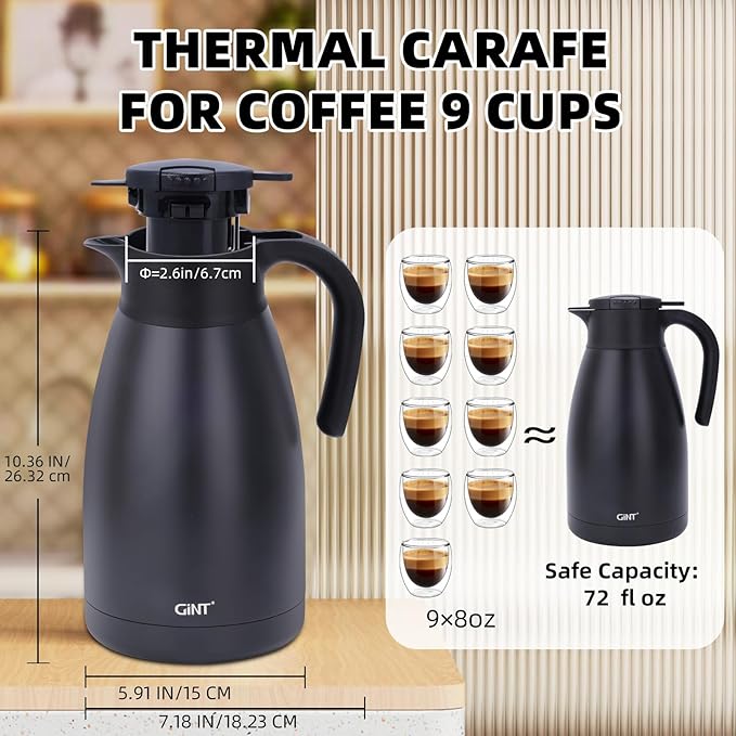 GiNT 2.2L / 74Oz Thermal Coffee Carafe, Insulated Stainless Steel Coffee Carafes for Keeping Hot/Double Walled Vacuum Thermal Carafe (Black)