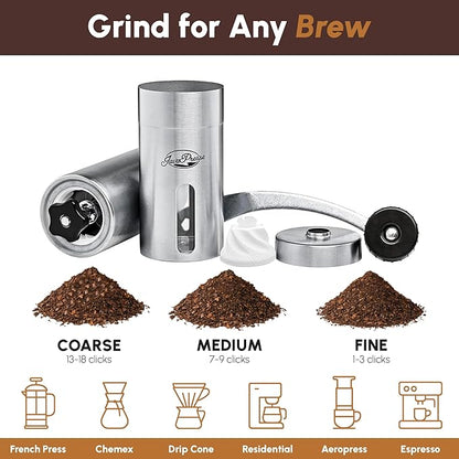 JavaPresse Manual Stainless Steel Coffee Grinder - 18 Adjustable Settings, Portable Conical Burr Grinder for Camping, Travel, Espresso - With Hand Crank
