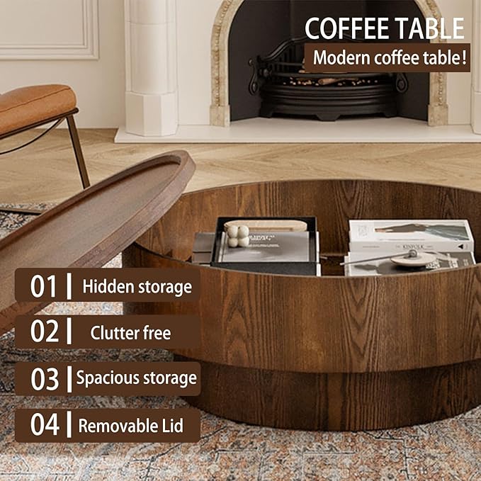 Storage Coffee Table, Handcraft Round Coffee Table with Hidden Storage Removable Top, Modern Solid Wood Veneered Circle Center Table with Sturdy Pedestal for Living Room 、Easy Assembly