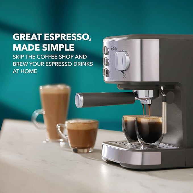 Mr. Coffee Compact Espresso Maker, Espresso Machine With Steam Wand, 15-Bar Pump Automatic Espresso Machine