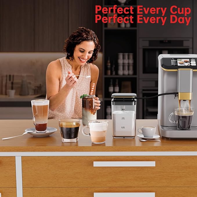 Automatic Espresso Machine with Coffee Grinder and Milk Frother, 20 Bars Pressure, 15 Grind Settings, Space Saving, Energy Efficient, Thermoblock Heating, Fast Brew for Home Kitchen