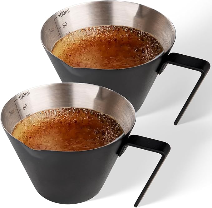 YARRAMATE 2Pcs Stainless Steel Espresso Shot Cup, Double Spout Metal Espresso Measuring Cup with V-Shaped Mouth, Espresso Accessories, 3.4OZ/100ML (Black)