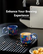 Load image into Gallery viewer, Ceramic Espresso Cups Set of 2 – Mini 3 oz Double Espresso Coffee Cups with Cute Q Handle, Floral and fruit Patterns, Small Blue Demitasse Shot Cups for Coffee Machine