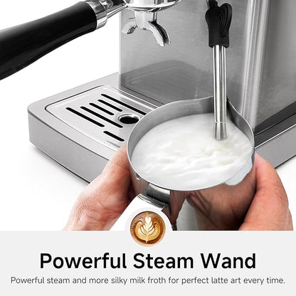 HIBREW H10A - 58mm Espresso Machine, Stainless Steel Body with Milk Frother, Customizable Settings, Smart Display + 20 Bar Pressure Gauge.