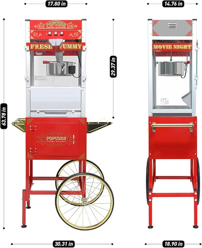 Popcorn Maker with Cart & 20oz Kettle, Antique Style Popcorn Maker on Wheels with 16" Tires & Storage Cabinet, Mobile Popcorn Popper Machine for Theater, Carnival, Home Party, Red