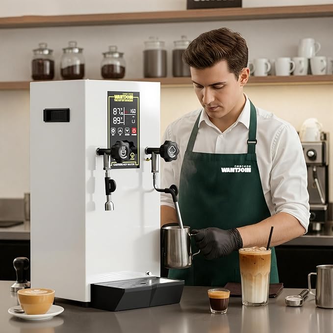 WantJoin Commercial Milk Frother - 1800W Milk Steamer, Hot Water Dispenser, Beverage Heater for Latte, Cappuccino, Coffee, Milk Tea, LED Display, Hotel Use (While)