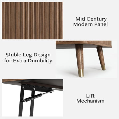 Lift Top Coffee Table with Storage,Mid Century Modern Coffee Table,Fluted Wood Rectangle Center Table for Living Room,Home Office,Walnut