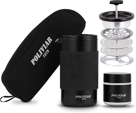 POLIVIAR French Press Coffee Maker, 12 oz Portable French Press with Mini Canister and Collection Bag, Double Wall Insulation & Dual- Filter Screen, Food Grade Stainless Steel for Coffee