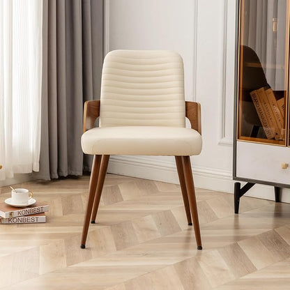 Dining Room Chairs Set of 2,Mid Century Modern Kitchen Chair,Upholstered Faux Leather Accent Chairs,Metal Legs Wooden Desk Chair,Armless and No Wheels for Kitchen Dining,Beige PU