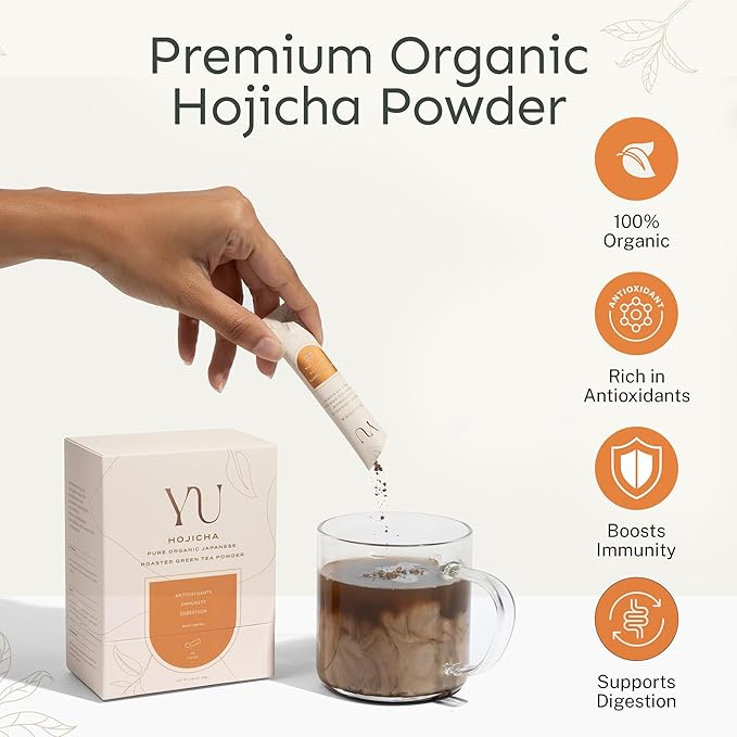 Yu Tea Organic Hojicha Green Tea Powder, Instant Packets | Rich in Antioxidants & EGCG | Pure Japanese Roasted Green Tea | Low Caffeine & Unsweetened Matcha Alternative | Single Serve Sticks, 30 Ct